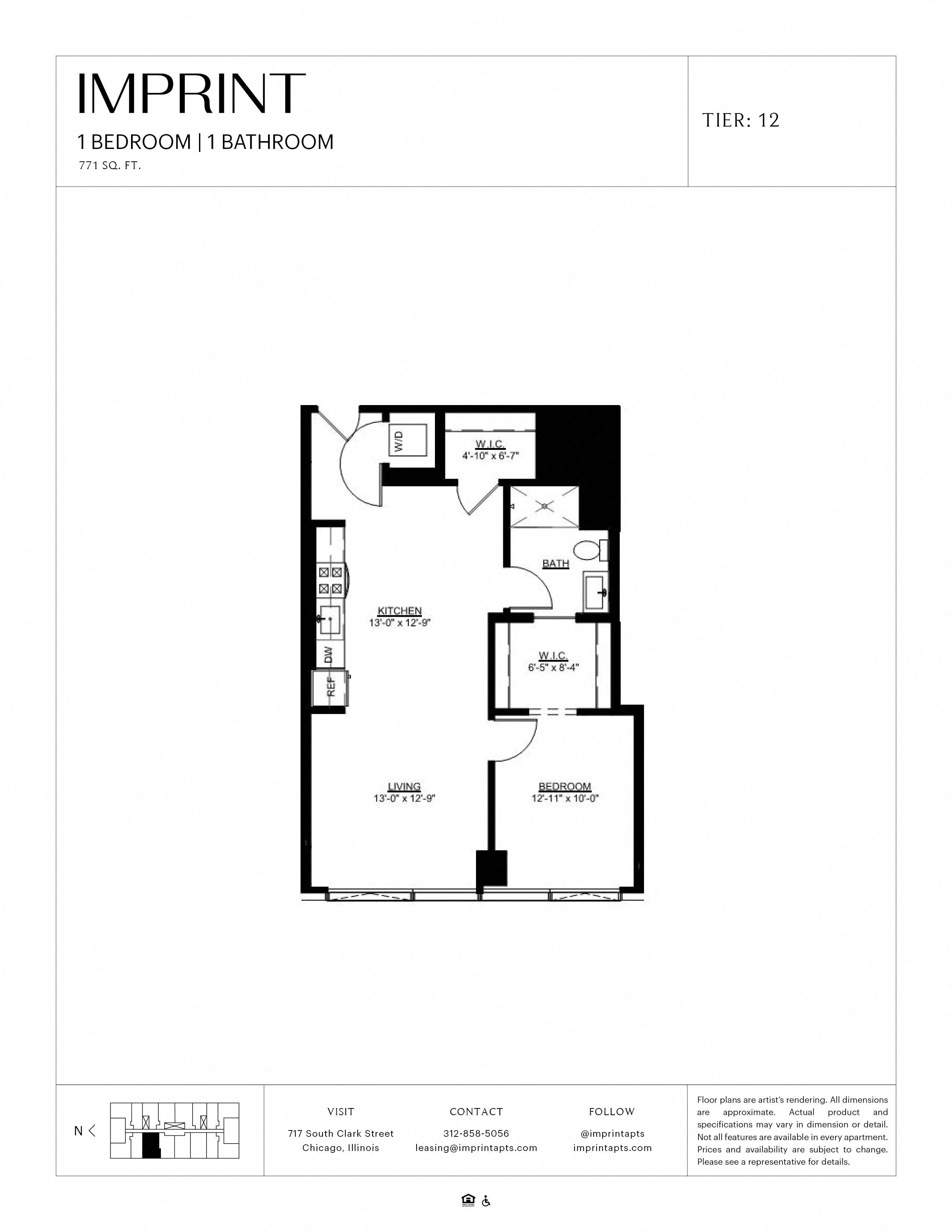 Floor plan for 1 bed, 1 bath, 771 sqft